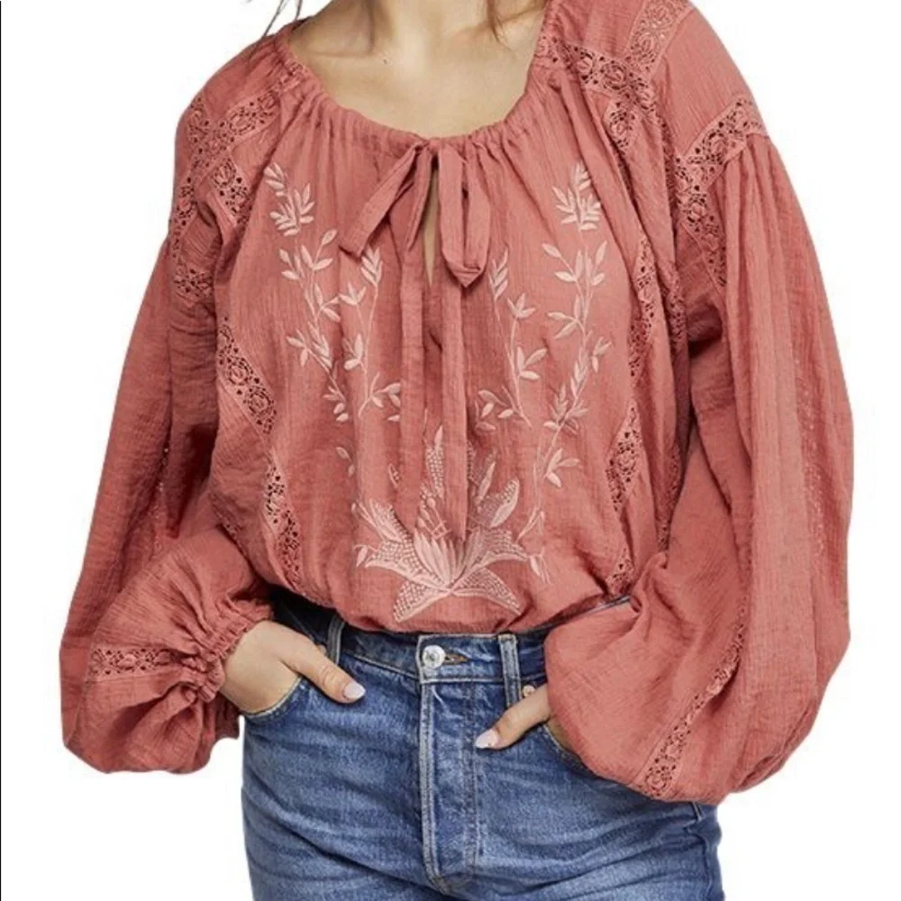 Free People Terra Cotta Maria Maria Top Ribbon Tie Gathered Waist Embroidery M